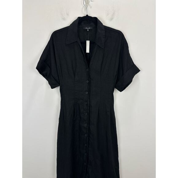 Madewell Pleated Midi Shirtdress 100% Linen A Line Minimalist Black Small NWT - Picture 10 of 14